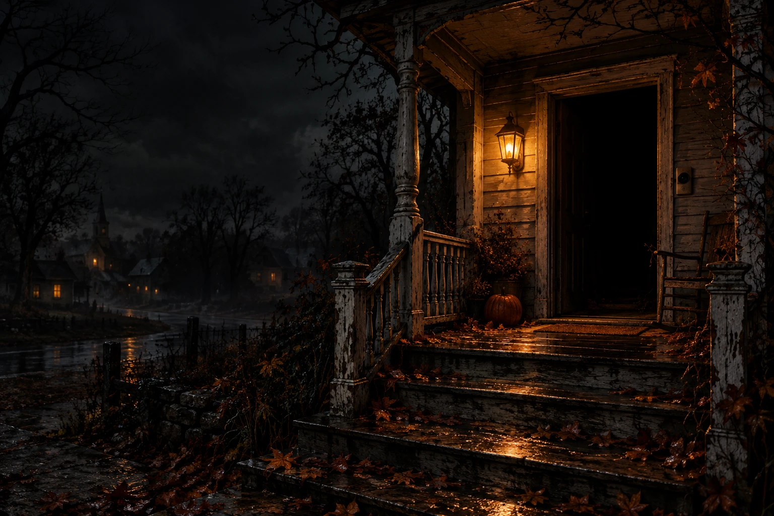 Charcoal-style artwork of a dark porch with a glowing amber light